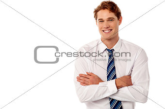 Confident male manager portrait over white