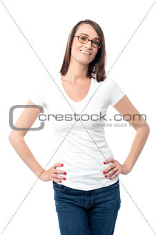 Smiling aged woman posing in casulas