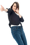 Excited woman showing thumbs up gesture
