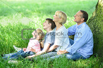 Family sitting in shade under the tree