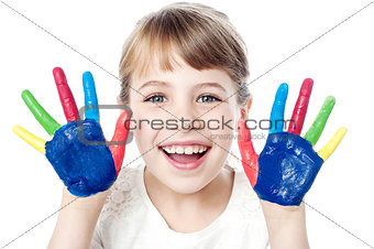 Smiling girl with painted hands