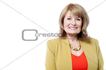 Smiling caucasian woman over white
