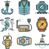 Flat line style nautical vector icons
