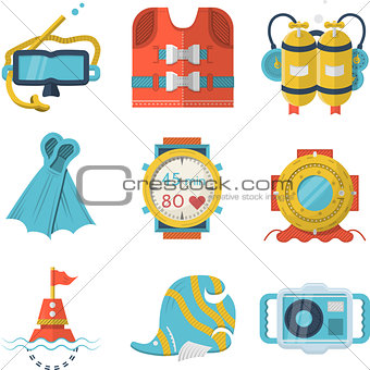 Flat color style diving vector icons