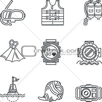 Diving black line vector icons