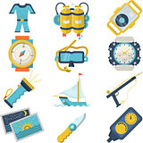 Diving sport flat color vector icons