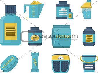 Sport supplements flat blue vector icons