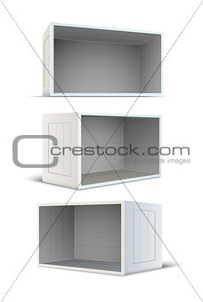 Set of white empty wooden boxes