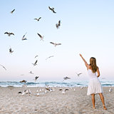 Woman at Beach are Feeding Seagulls