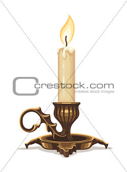 Burning candle in bronze candlestick