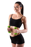 Portrait of happy fitness woman with green dumbbells