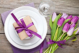 Purple tulip bouquet and plate with gift box