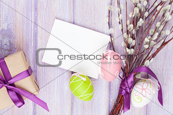 Greeting card, pussy willow and easter eggs