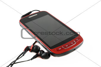 Red mobile phone with headsets