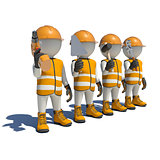 Workteam in special clothes, shoes and helmet holding tools