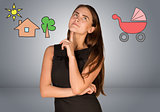 Business woman thinking over buggy and house with tree