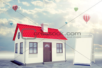 White house with red roof and sidewalk sign. Background sun shines brightly, flying hot air balloon