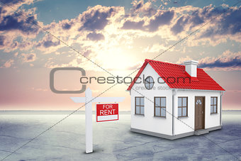 White house with red roof and chimney. Near there is signboard for rent. Background sun shines brightly
