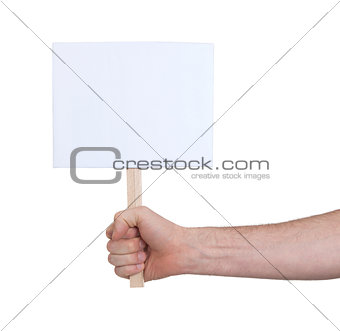 Hand holding sign, isolated on white