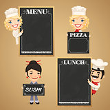 Chefs Cartoon Characters with Chalkboard Menu