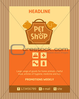 Logo for pet shop. Brochure, Flyer design vector template in A4 size. Advertise store for pets. Icons for pet shop.
