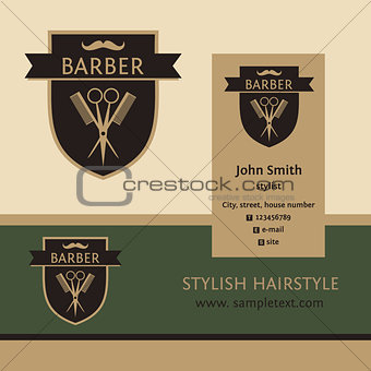 Vector heraldic logo for a hairdressing salon. Business card and banner. Template for corporate style barbershop. Status and elegance