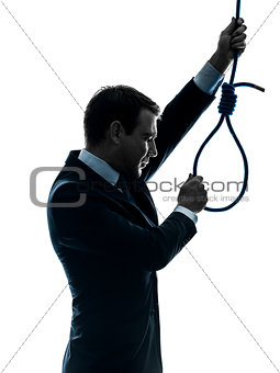 man holding adjusting hangman noose silhouette