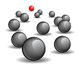 One red unique sphere lead crowd of black spheres