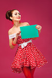 Happy Woman Holding Blank Card. Pin-Up Retro style.