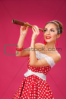 Happy Woman Holding Telescope. Pin-Up Retro style.