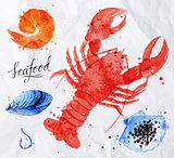 Seafood watercolor cancer, caviar, mussels, shrimp