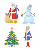 Grandfather Frost, Christmas tree, Snow maiden, snowman