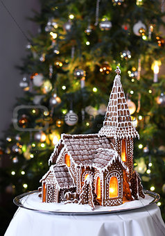Gingerbread church Christmas tree background