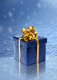 Blue present box on ice in snowfall