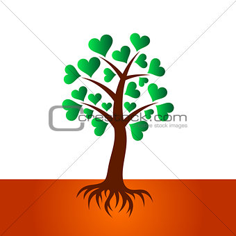 Tree with heart leaves and roots