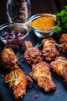 BBQ chicken wings with spices and dip