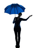 woman holding umbrella palm gesture silhouette