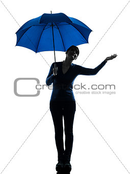woman holding umbrella palm gesture silhouette