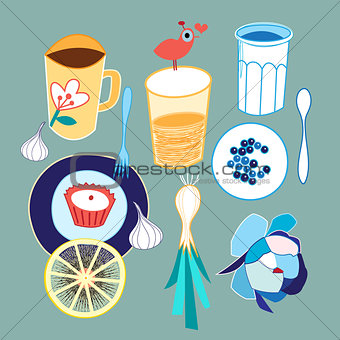 Set of different food and drink
