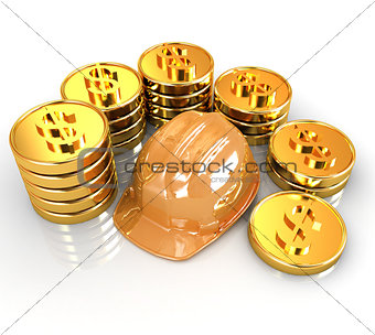 gold coin ctack around hard hat on a white background 