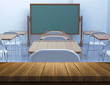 3D wood table with defocussed classroom