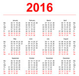 2016 Calendar template. Vertical weeks. First day Monday