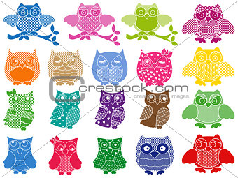 Set of nineteen ornamental owls
