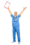 Long shot of a jubilant doctor celebrating her success