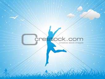 Girl jumping against the blue sky