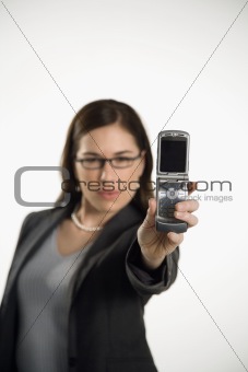 Woman using camera phone.