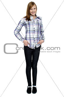 Trendy girl with long hair posing smartly