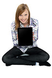 Teen girl showing a brand new tablet device to you
