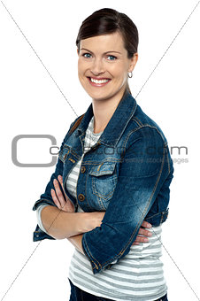 Cheerful middle aged woman in trendy clothing