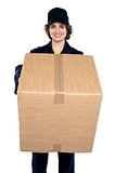 Good looking woman holding up a cardboard box